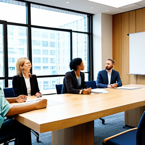 Home 22 A diverse group of professional adults, fully clothed in modest business casual attire, actively engaged in a collaborative workshop. They are gathered around a sleek, modern conference table in a bright, contemporary meeting room with large windows. Some individuals are writing on interactive whiteboards displaying brainstormed ideas, while others are in discussion, gesturing naturally. The scene emphasizes teamwork and a shared sense of purpose. Professional photography, corporate setting, vibrant lighting, sharp focus, high resolution. safe for work, appropriate content, fully clothed, professional, perfect anatomy, correct proportions, natural body proportions, well-formed hands, proper finger count.