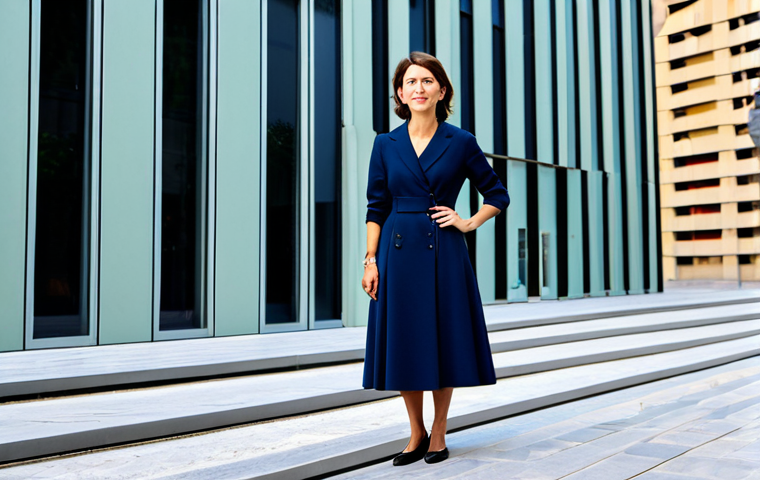 **

"A professional female architect, fully clothed in a stylish but modest dress and comfortable shoes, standing confidently in front of a completed modern eco-friendly building in Paris, France, appropriate attire, safe for work, perfect anatomy, natural proportions, professional architectural photography, high quality, family-friendly."

**