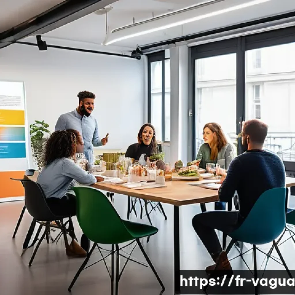 핵심 가치 발표회를 통해 내부 공유하기 - A diverse group of French office employees gathered around a modern conference table during a relaxe...