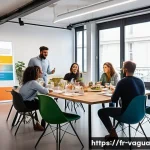 Home 19 핵심 가치 발표회를 통해 내부 공유하기 - A diverse group of French office employees gathered around a modern conference table during a relaxe...