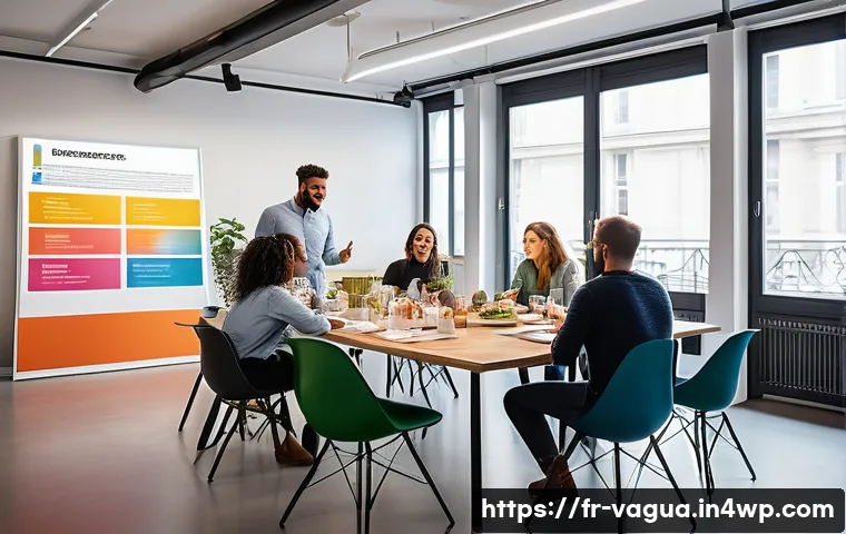 핵심 가치 발표회를 통해 내부 공유하기 - A diverse group of French office employees gathered around a modern conference table during a relaxe...
