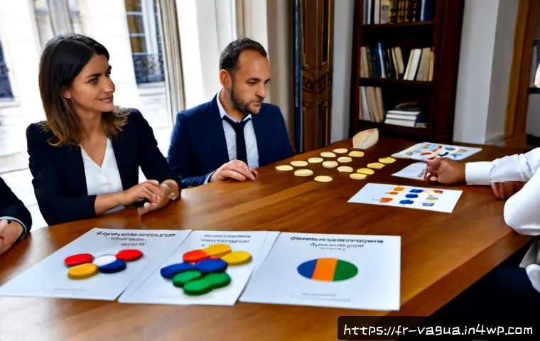 핵심 가치 명확화 후 직원 충성도 분석 - Photorealistic French workplace strategy workshop, diverse team of professionals gathered around a c...
