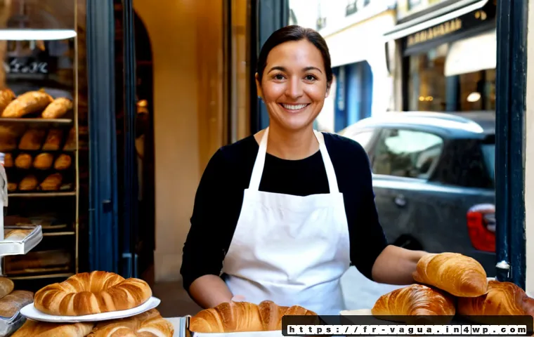 Home 17 핵심 가치와 고객 충성도 간의 관계 - Photorealistic warm scene in a charming French neighborhood bakery, a friendly baker in a clean apro...